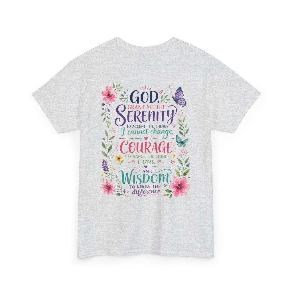 Serenity Prayer Floral Christian T-Shirt – Faith Based Back Print + Cross Chest Design
