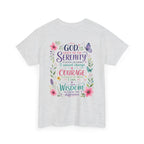 Serenity Prayer Floral Christian T-Shirt – Faith Based Back Print + Cross Chest Design