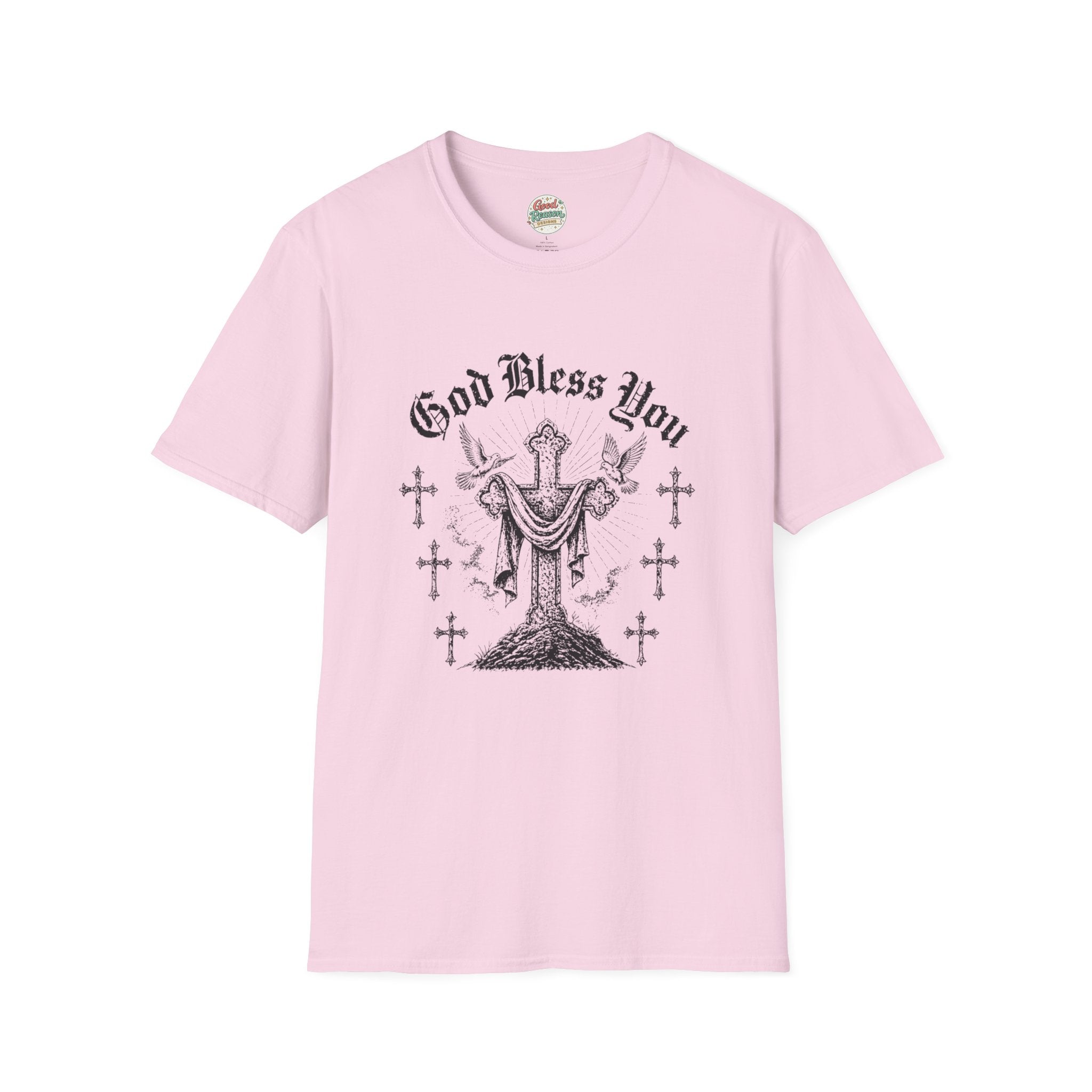God Bless You Prayer T-Shirt — Religious Praying Hands Tee with Crosses