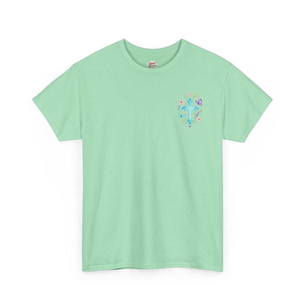 Serenity Prayer Floral Christian T-Shirt – Faith Based Back Print + Cross Chest Design