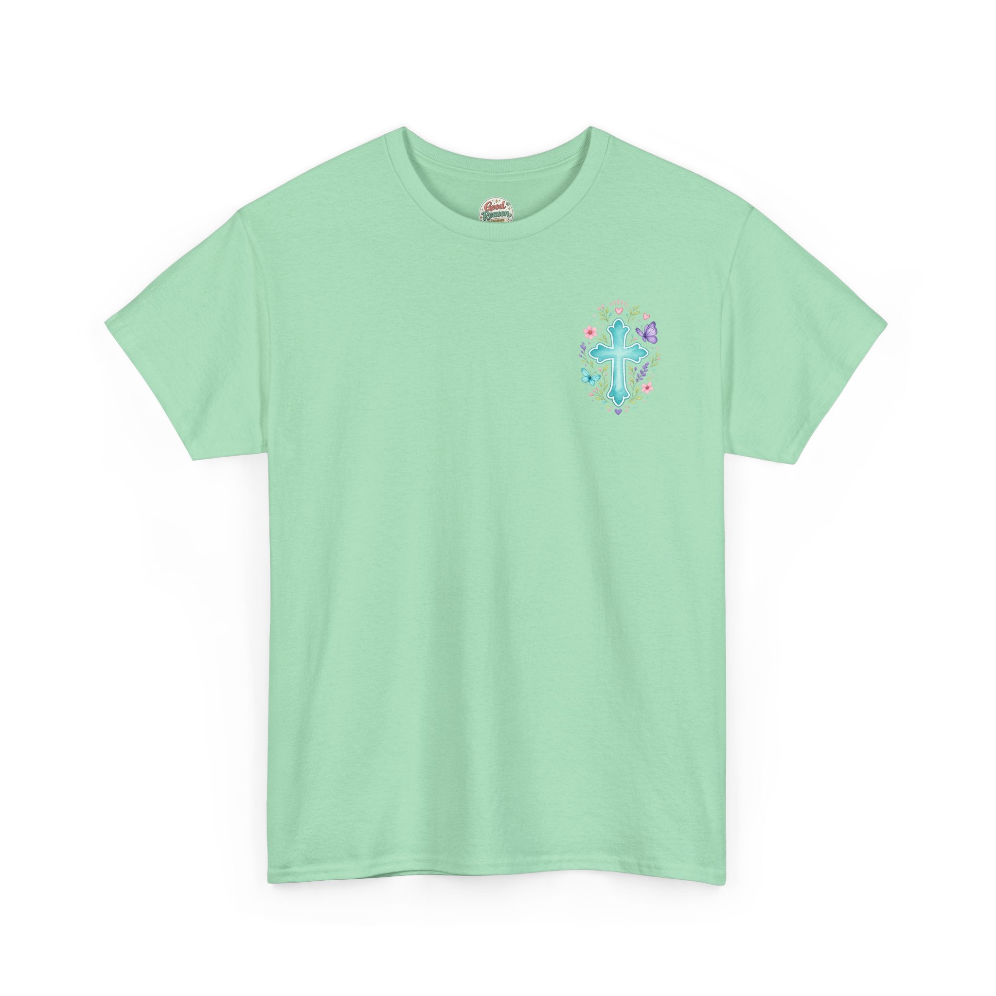 Serenity Prayer Floral Christian T-Shirt – Faith Based Back Print + Cross Chest Design