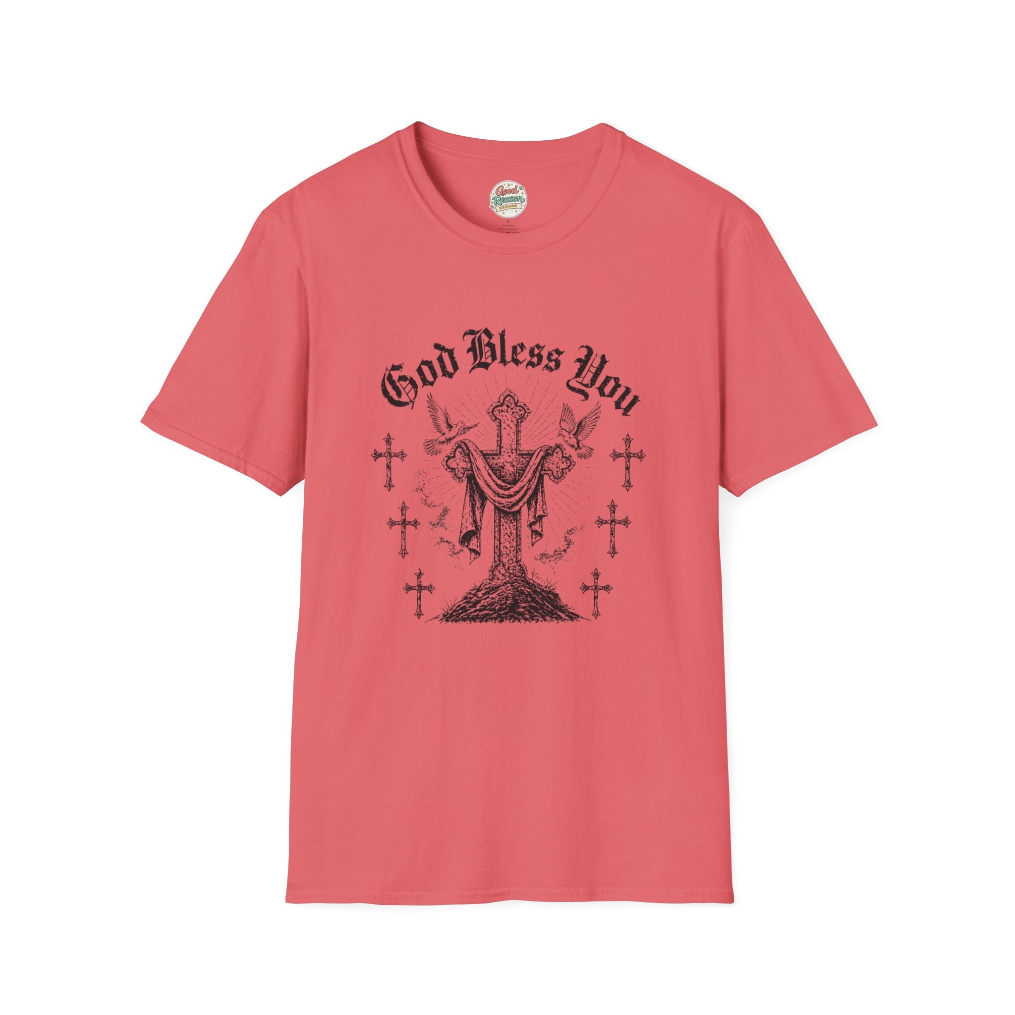 God Bless You Prayer T-Shirt — Religious Praying Hands Tee with Crosses