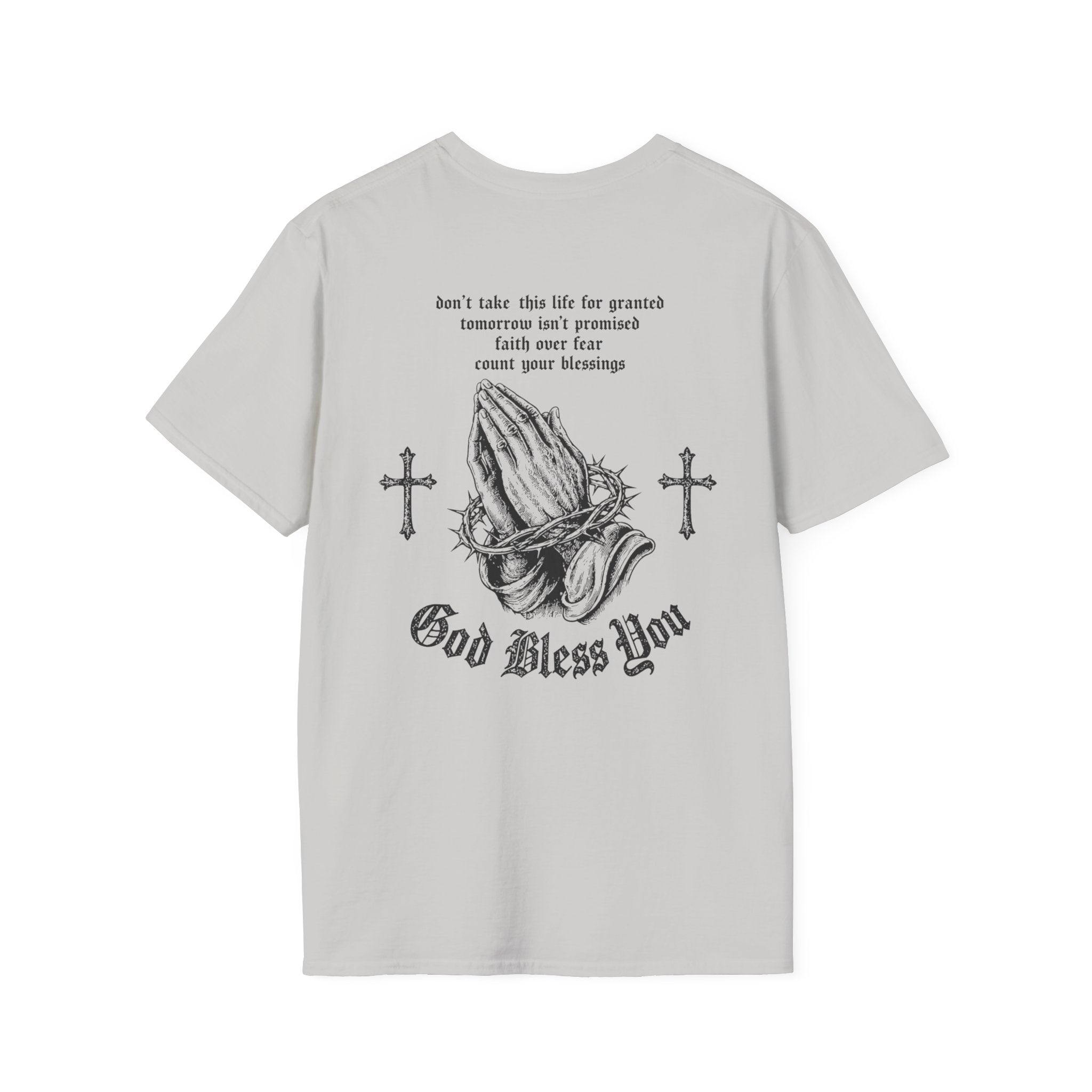 God Bless You Prayer T-Shirt — Religious Praying Hands Tee with Crosses