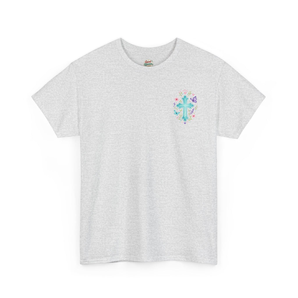 Serenity Prayer Floral Christian T-Shirt – Faith Based Back Print + Cross Chest Design