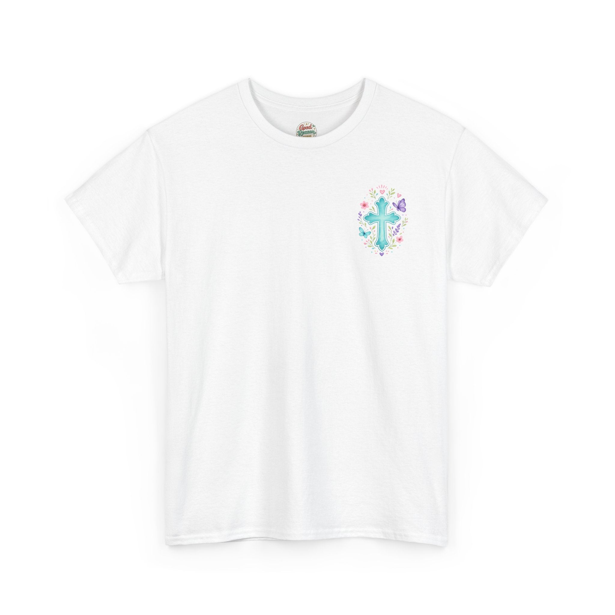 Serenity Prayer Floral Christian T-Shirt – Faith Based Back Print + Cross Chest Design