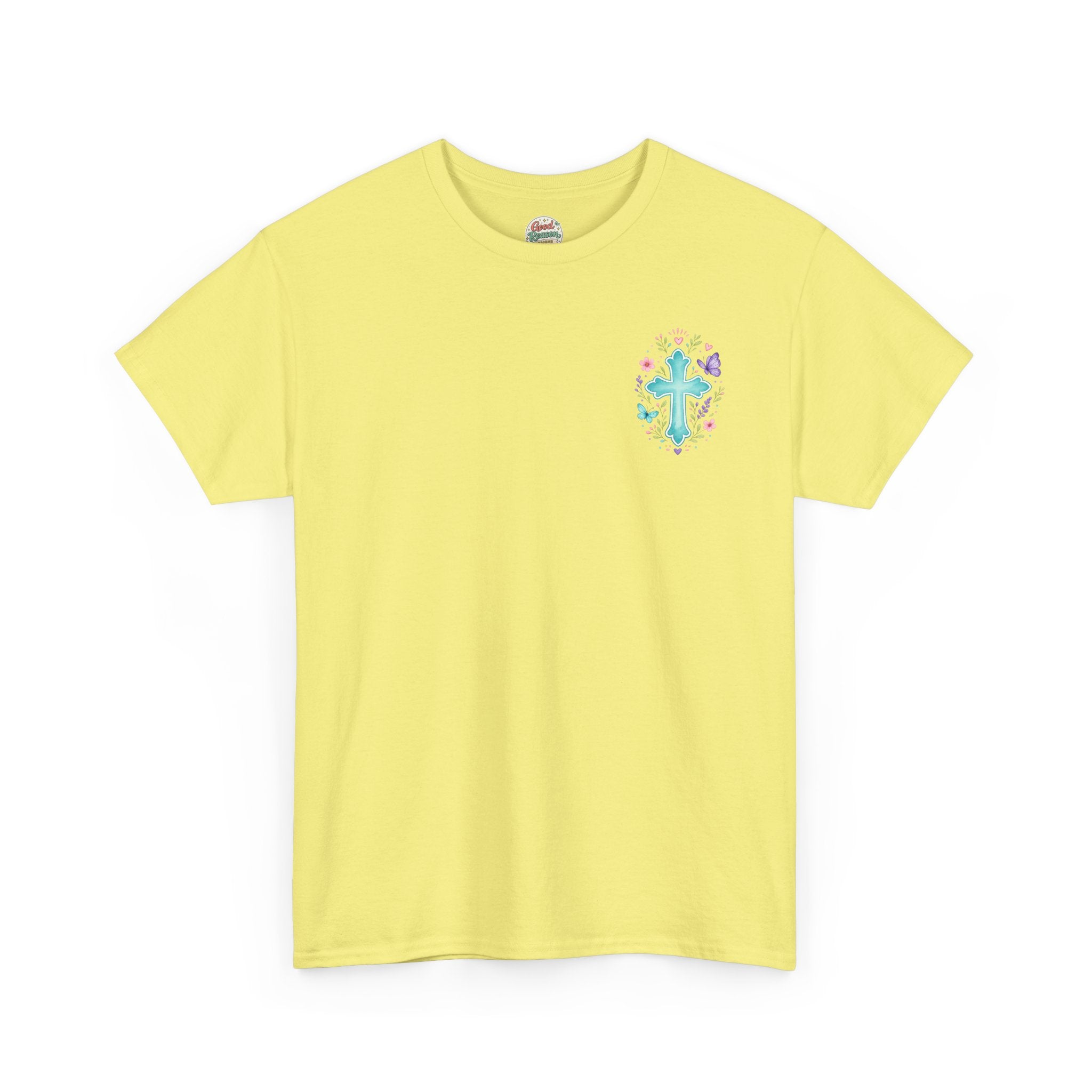 Serenity Prayer Floral Christian T-Shirt – Faith Based Back Print + Cross Chest Design