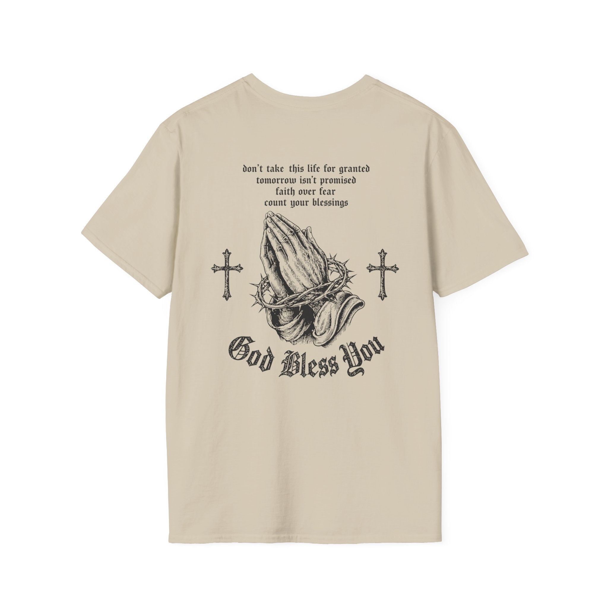 God Bless You Prayer T-Shirt — Religious Praying Hands Tee with Crosses