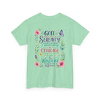 Serenity Prayer Floral Christian T-Shirt – Faith Based Back Print + Cross Chest Design