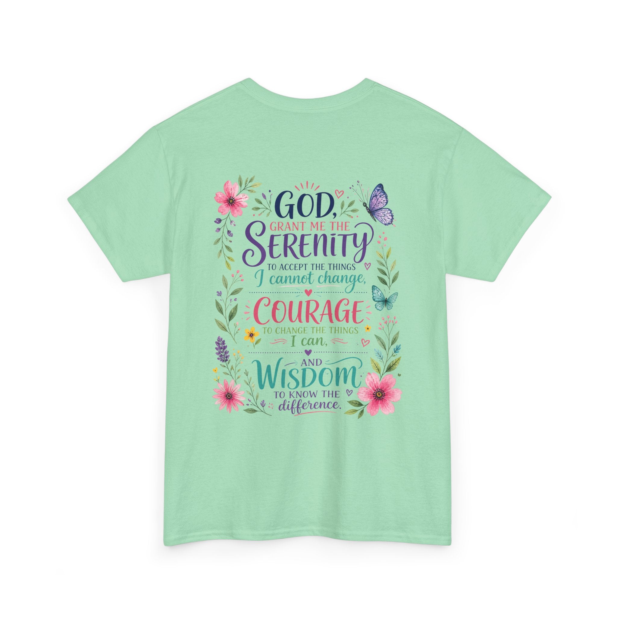 Serenity Prayer Floral Christian T-Shirt – Faith Based Back Print + Cross Chest Design