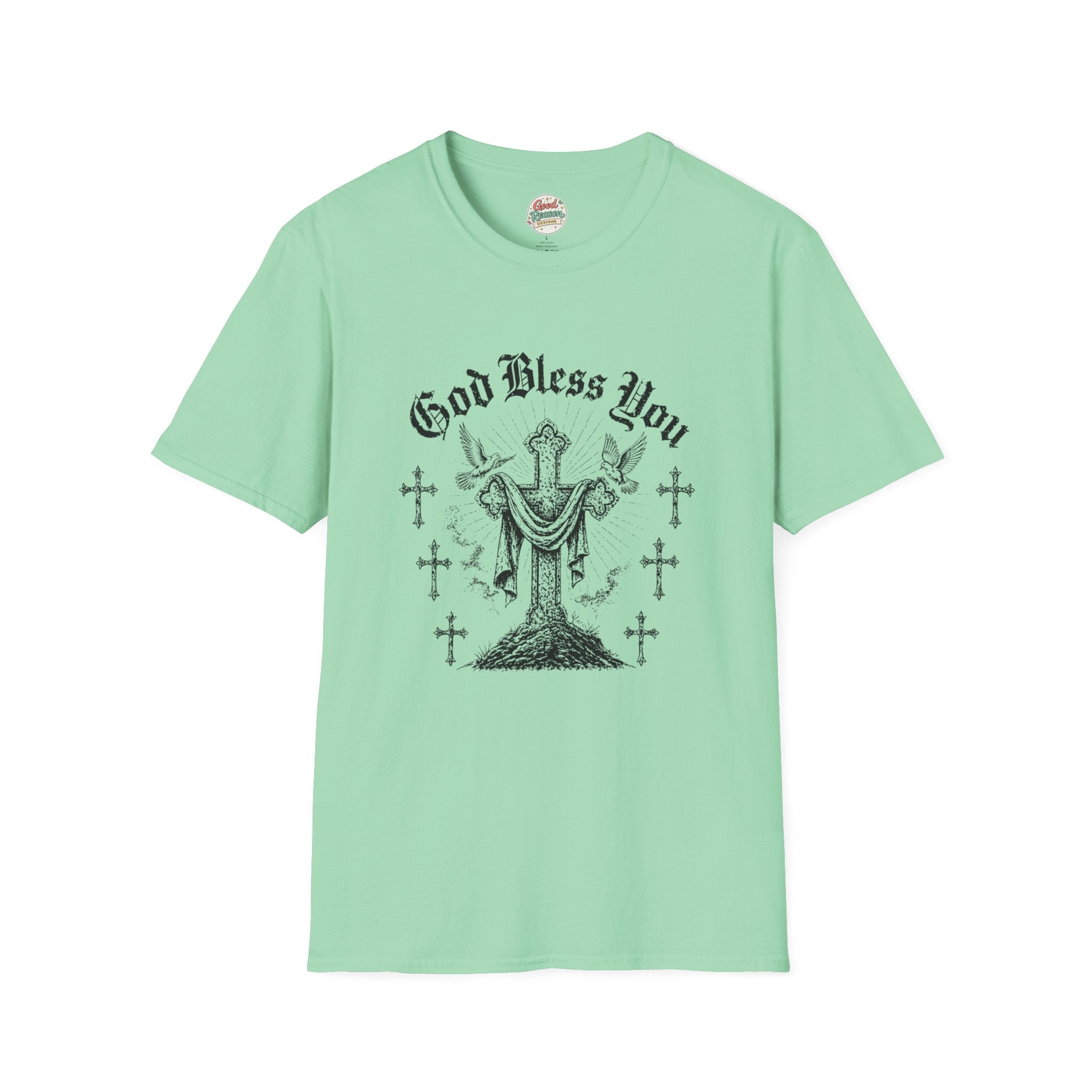 God Bless You Prayer T-Shirt — Religious Praying Hands Tee with Crosses