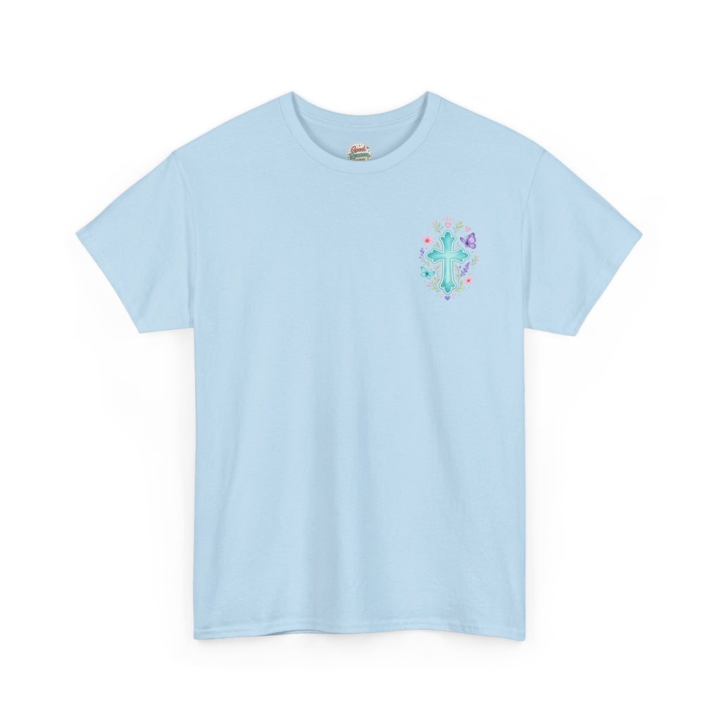Serenity Prayer Floral Christian T-Shirt – Faith Based Back Print + Cross Chest Design