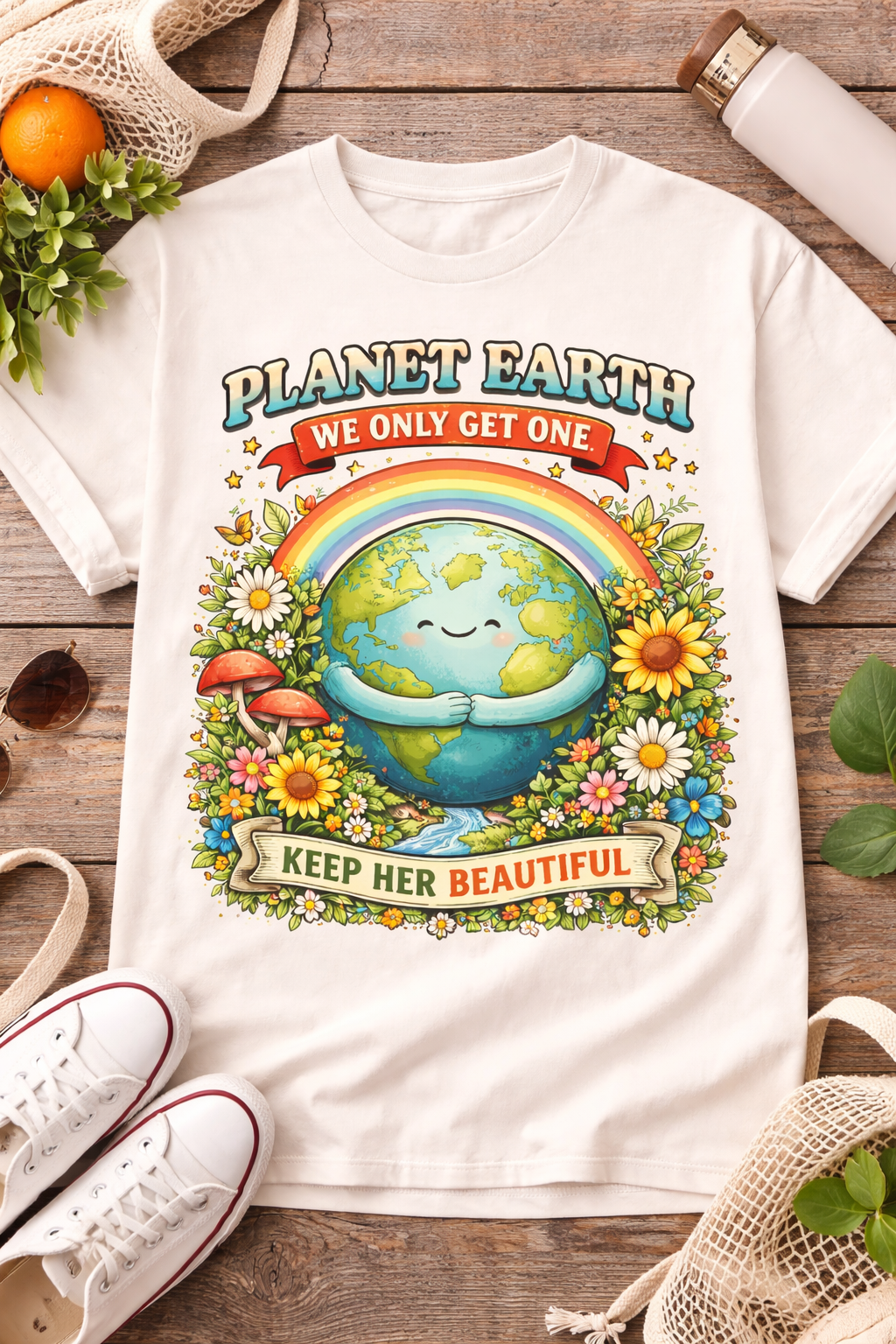 Earth Love T-Shirt - "Planet Earth We Only Get One" Retro Floral Eco Tee