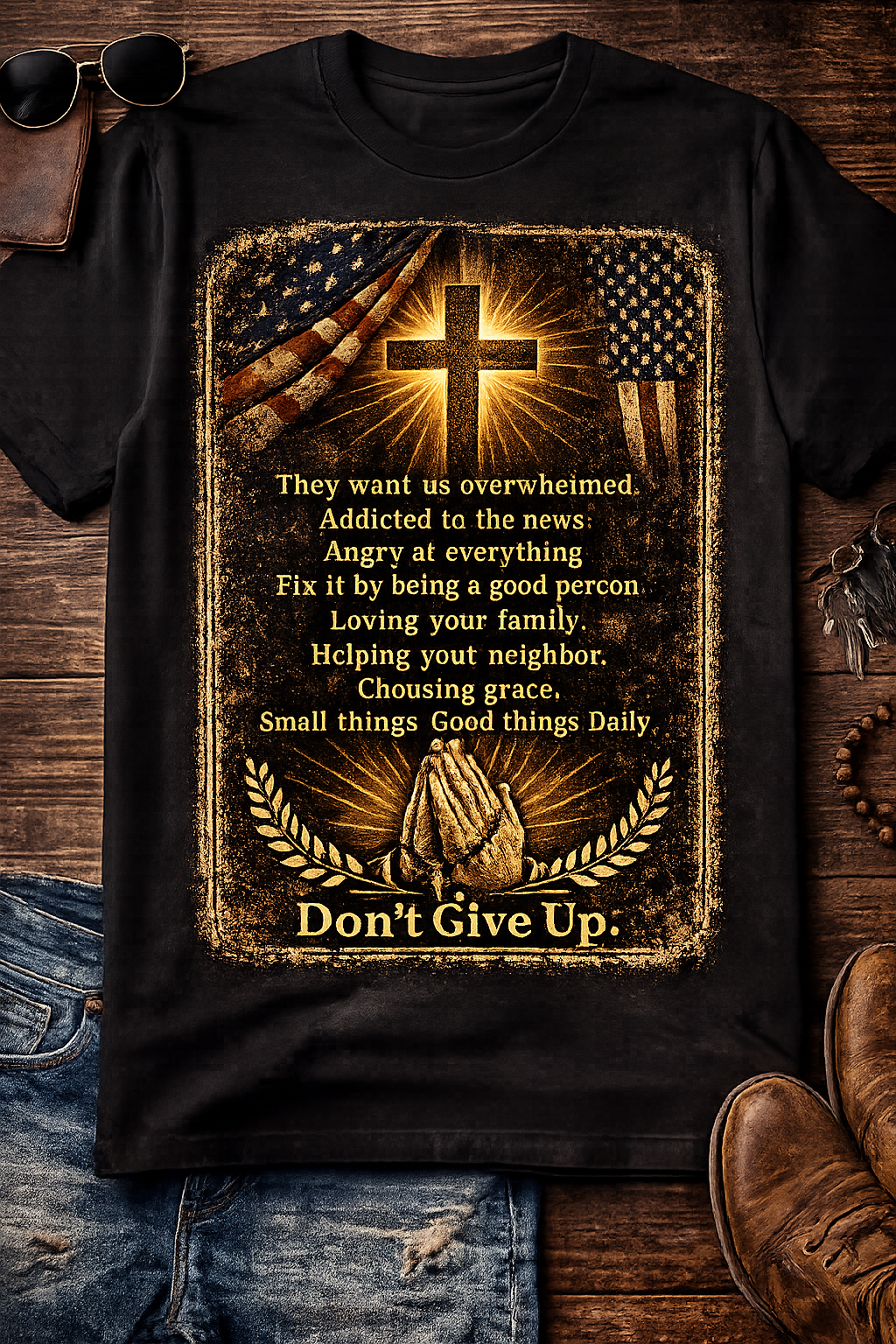 Don’t Give Up Inspirational Tee – Religious Patriotic Shirt – Motivational Quote Shirt – Faith Family Grace Shirt
