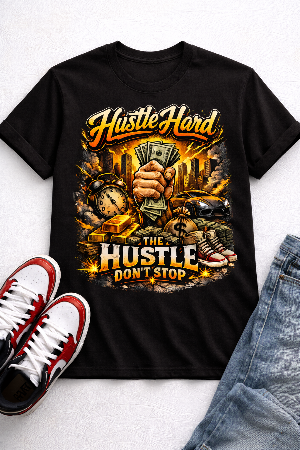 Hustle Hard Shirt, The Hustle Don’t Stop Tee, Motivational Streetwear Graphic Tee, Hustler Mindset Shirt, Urban Hip Hop Style T-Shirt