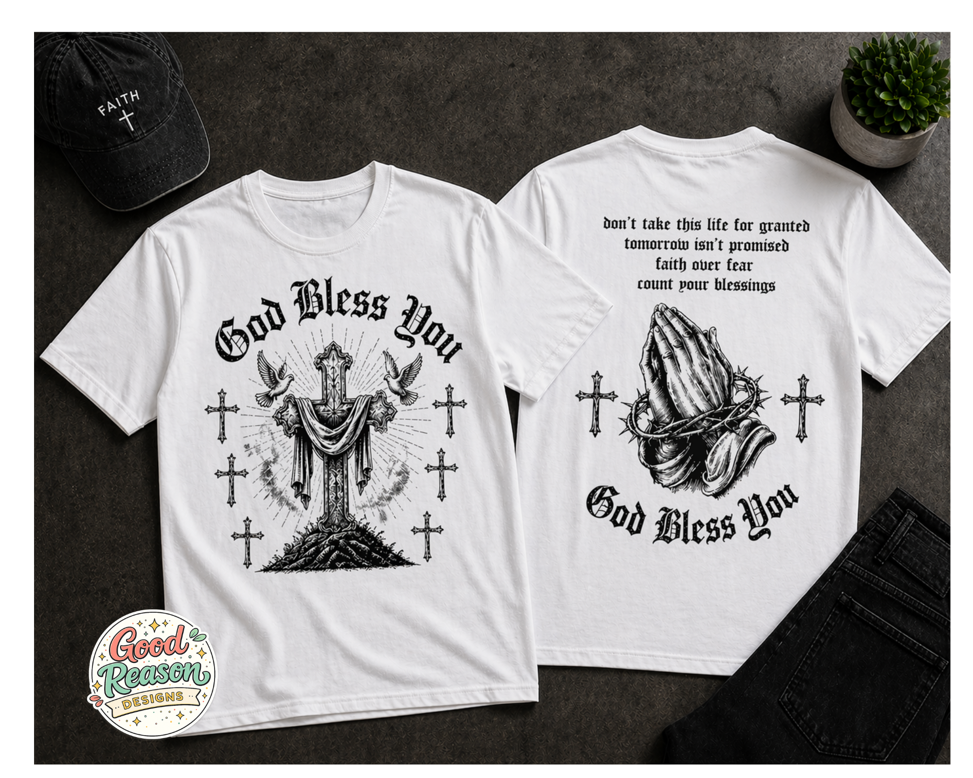 God Bless You Prayer T-Shirt — Religious Praying Hands Tee with Crosses