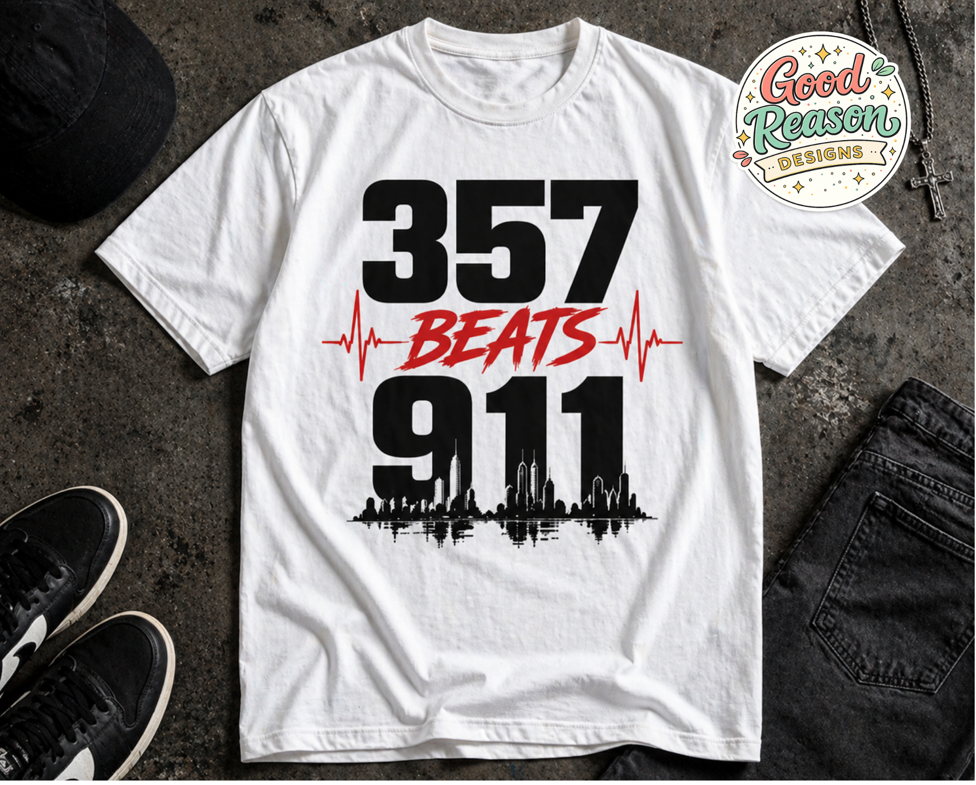 357 Beats 911 T-Shirt, Streetwear Graphic Tee, Urban Style Shirt, Heartbeat Design Tee, Unisex Casual Shirt