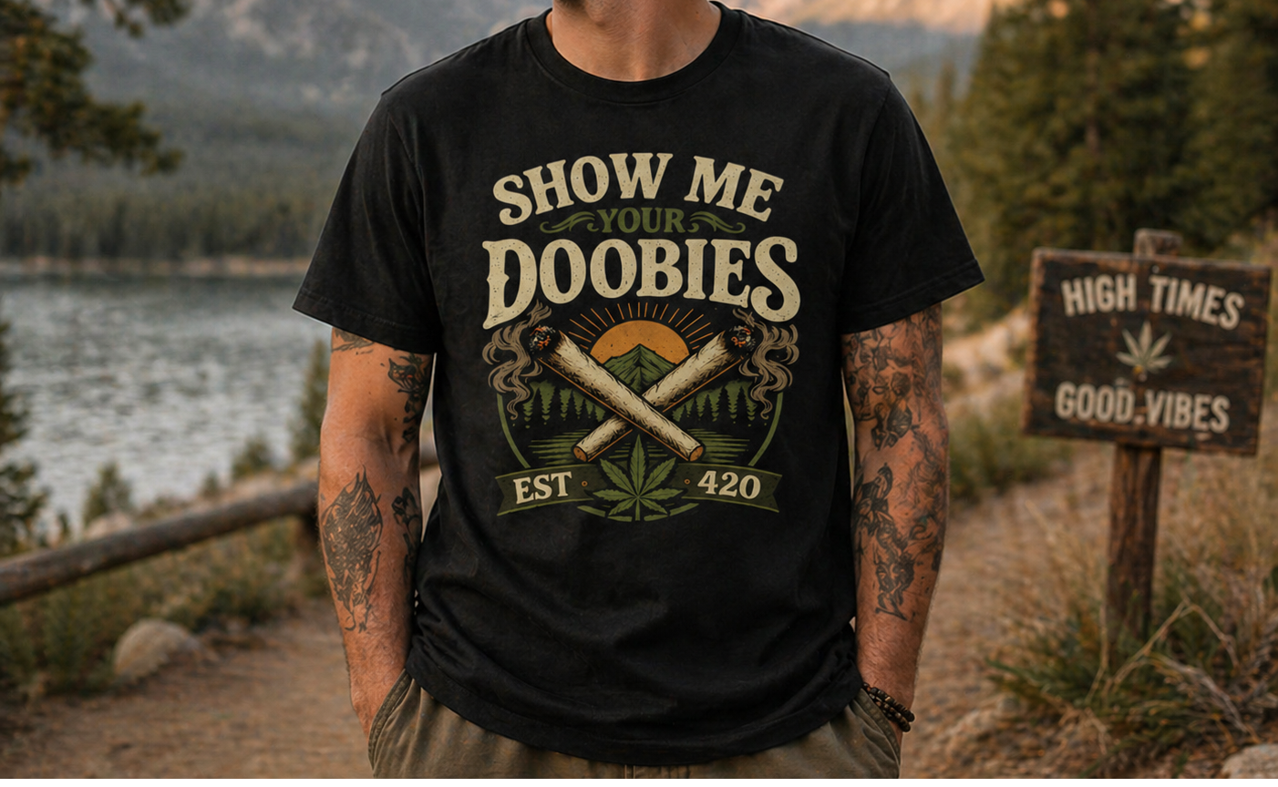 Show Me Your Doobies T-Shirt | Rolling Joints, Cannabis Leaf, EST. 420