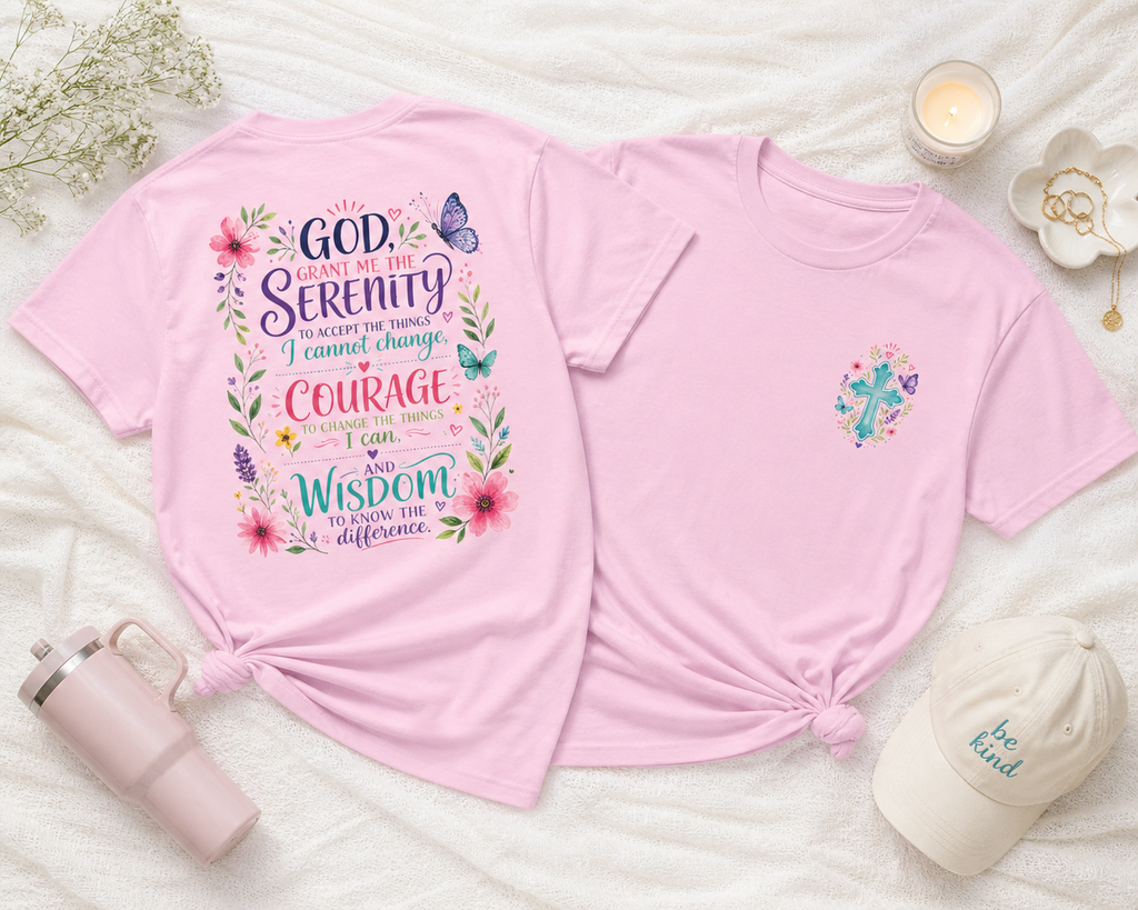 Serenity Prayer Floral Christian T-Shirt – Faith Based Back Print + Cross Chest Design
