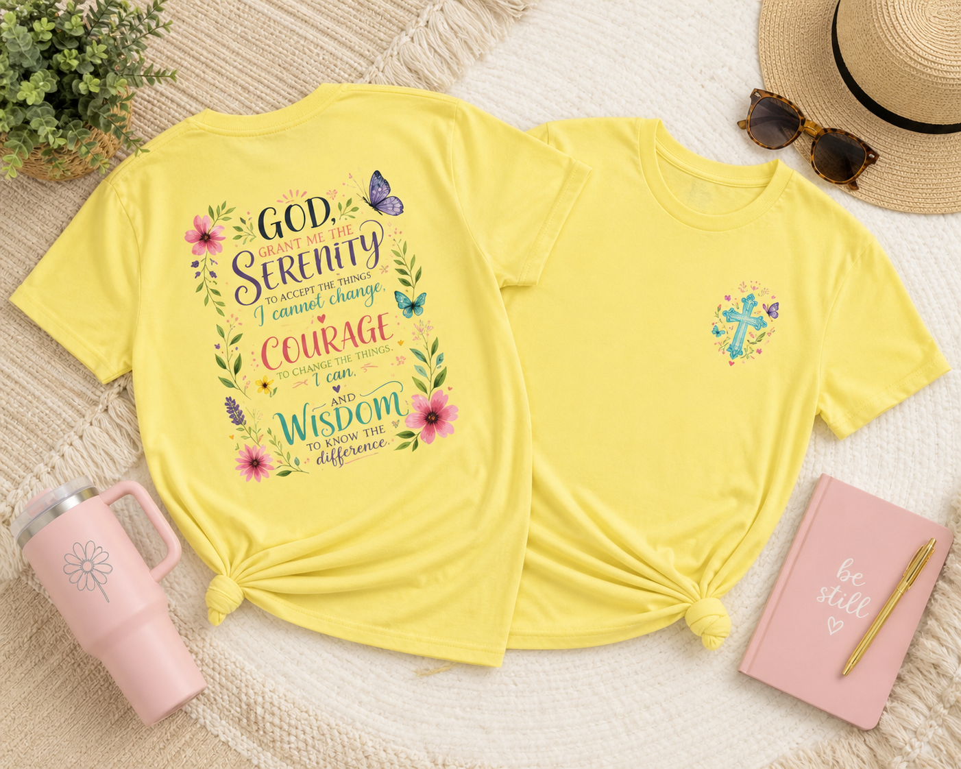 Serenity Prayer Floral Christian T-Shirt – Faith Based Back Print + Cross Chest Design