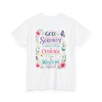 Serenity Prayer Floral Christian T-Shirt – Faith Based Back Print + Cross Chest Design