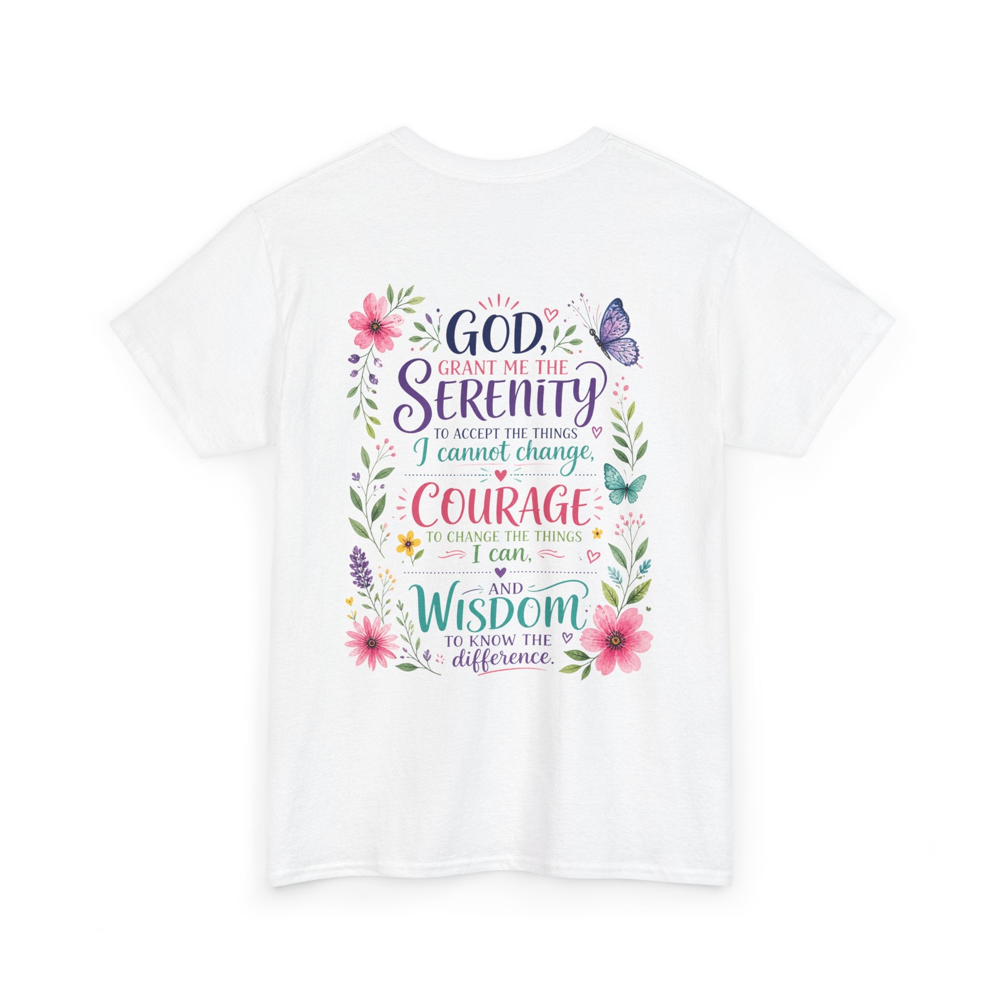 Serenity Prayer Floral Christian T-Shirt – Faith Based Back Print + Cross Chest Design