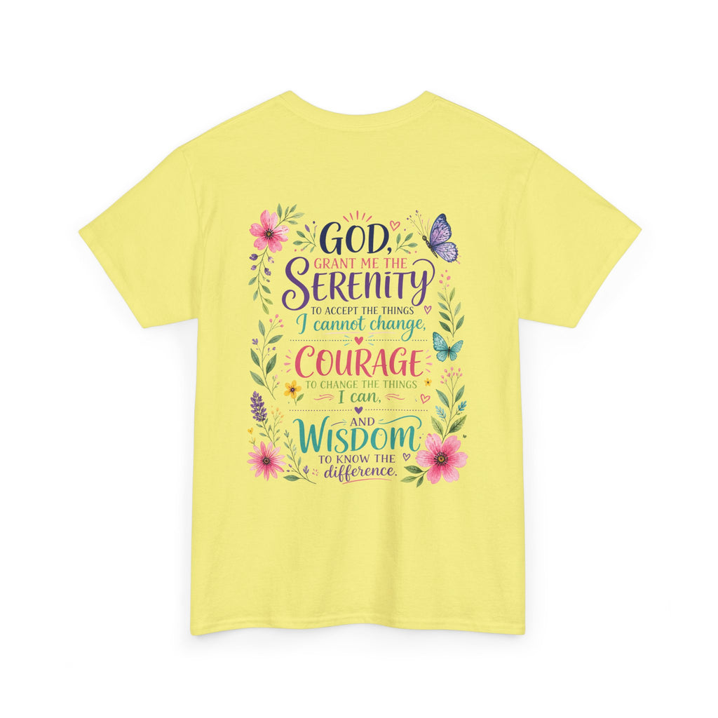 Serenity Prayer Floral Christian T-Shirt – Faith Based Back Print + Cross Chest Design