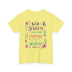 Serenity Prayer Floral Christian T-Shirt – Faith Based Back Print + Cross Chest Design