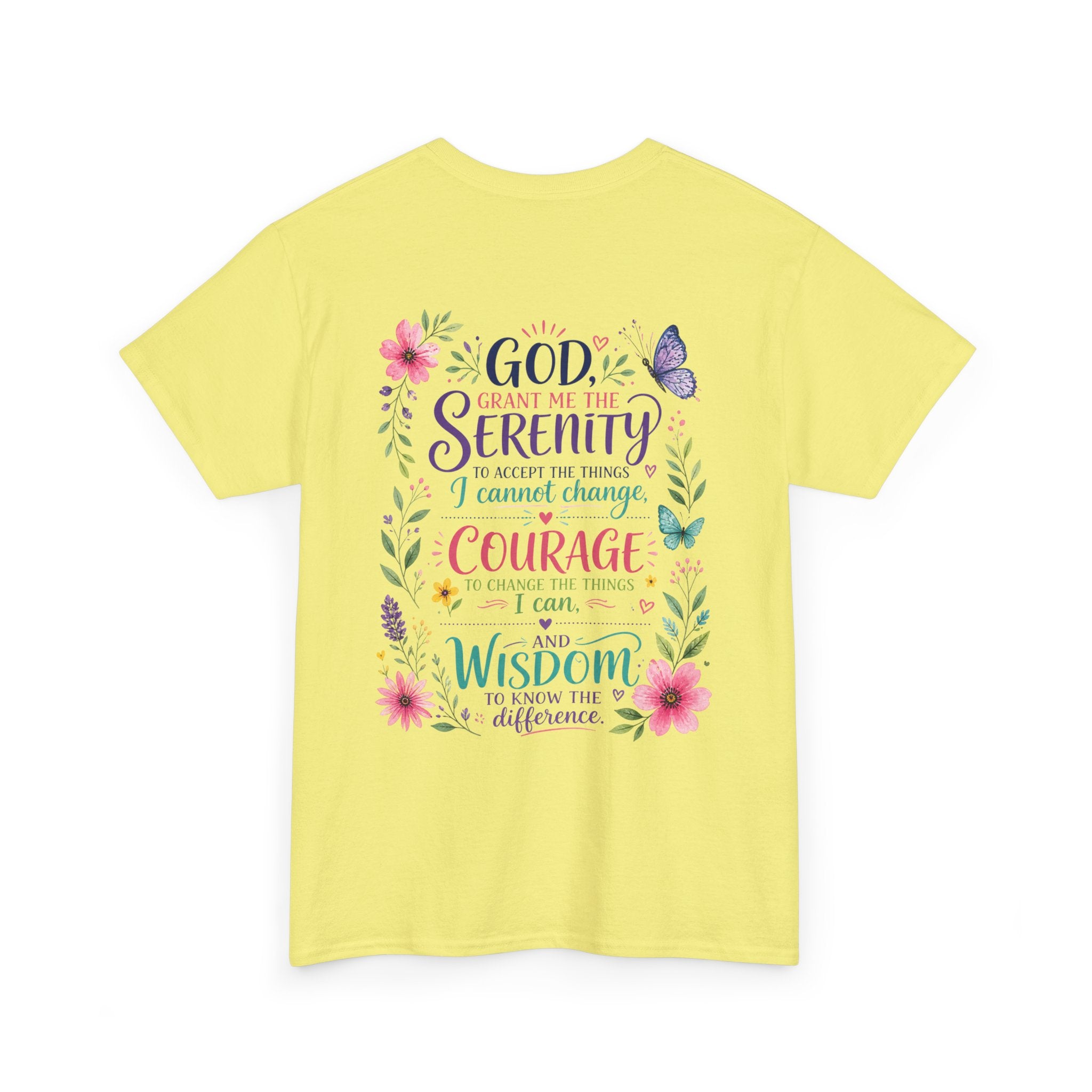 Serenity Prayer Floral Christian T-Shirt – Faith Based Back Print + Cross Chest Design