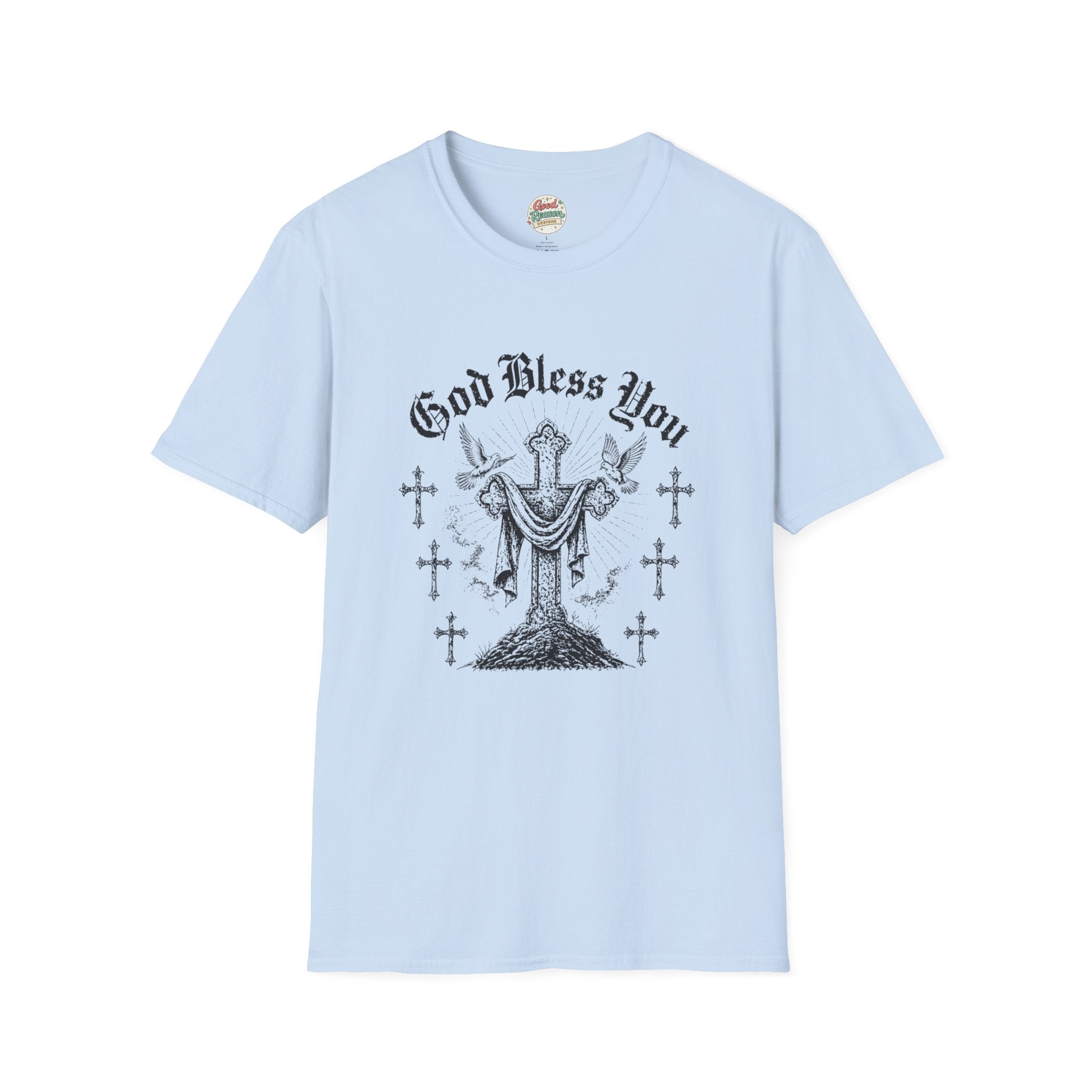 God Bless You Prayer T-Shirt — Religious Praying Hands Tee with Crosses