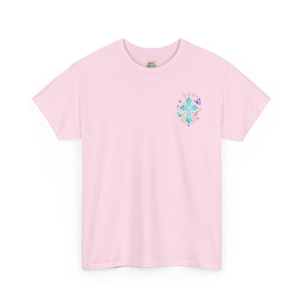 Serenity Prayer Floral Christian T-Shirt – Faith Based Back Print + Cross Chest Design