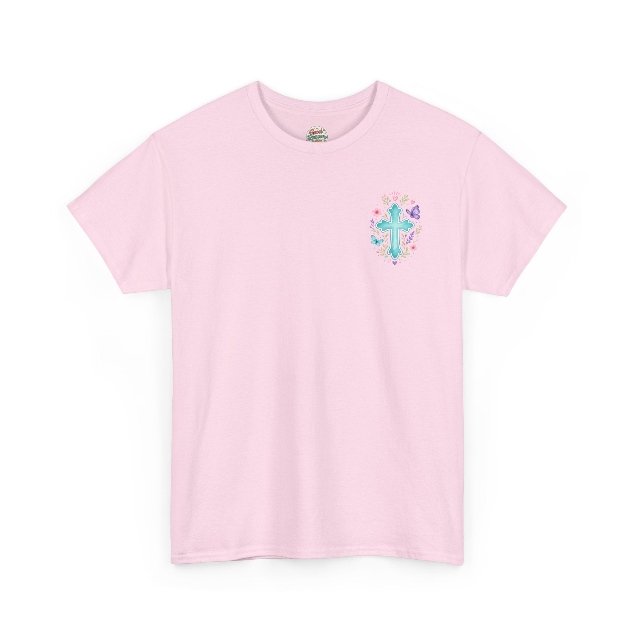 Serenity Prayer Floral Christian T-Shirt – Faith Based Back Print + Cross Chest Design