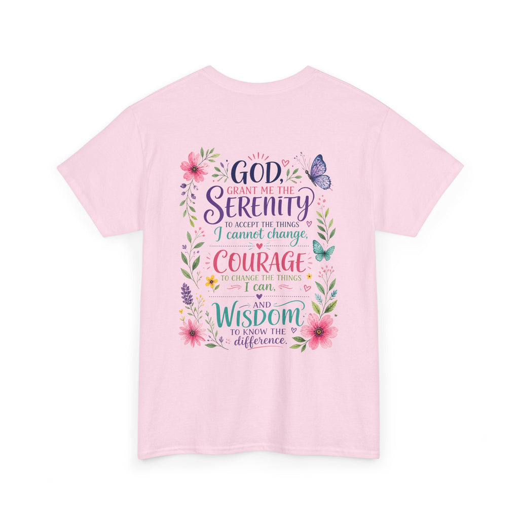 Serenity Prayer Floral Christian T-Shirt – Faith Based Back Print + Cross Chest Design