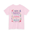 Serenity Prayer Floral Christian T-Shirt – Faith Based Back Print + Cross Chest Design