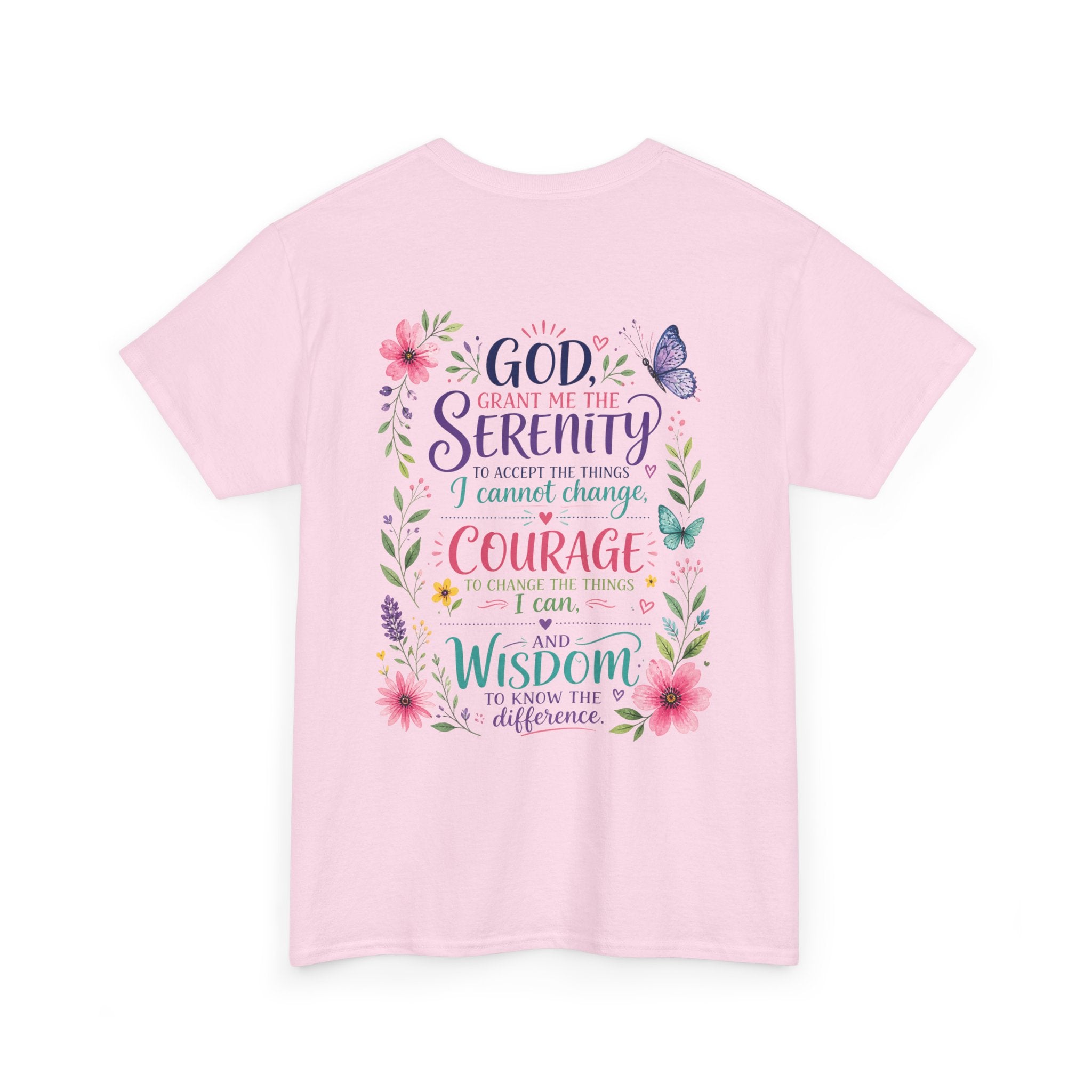 Serenity Prayer Floral Christian T-Shirt – Faith Based Back Print + Cross Chest Design