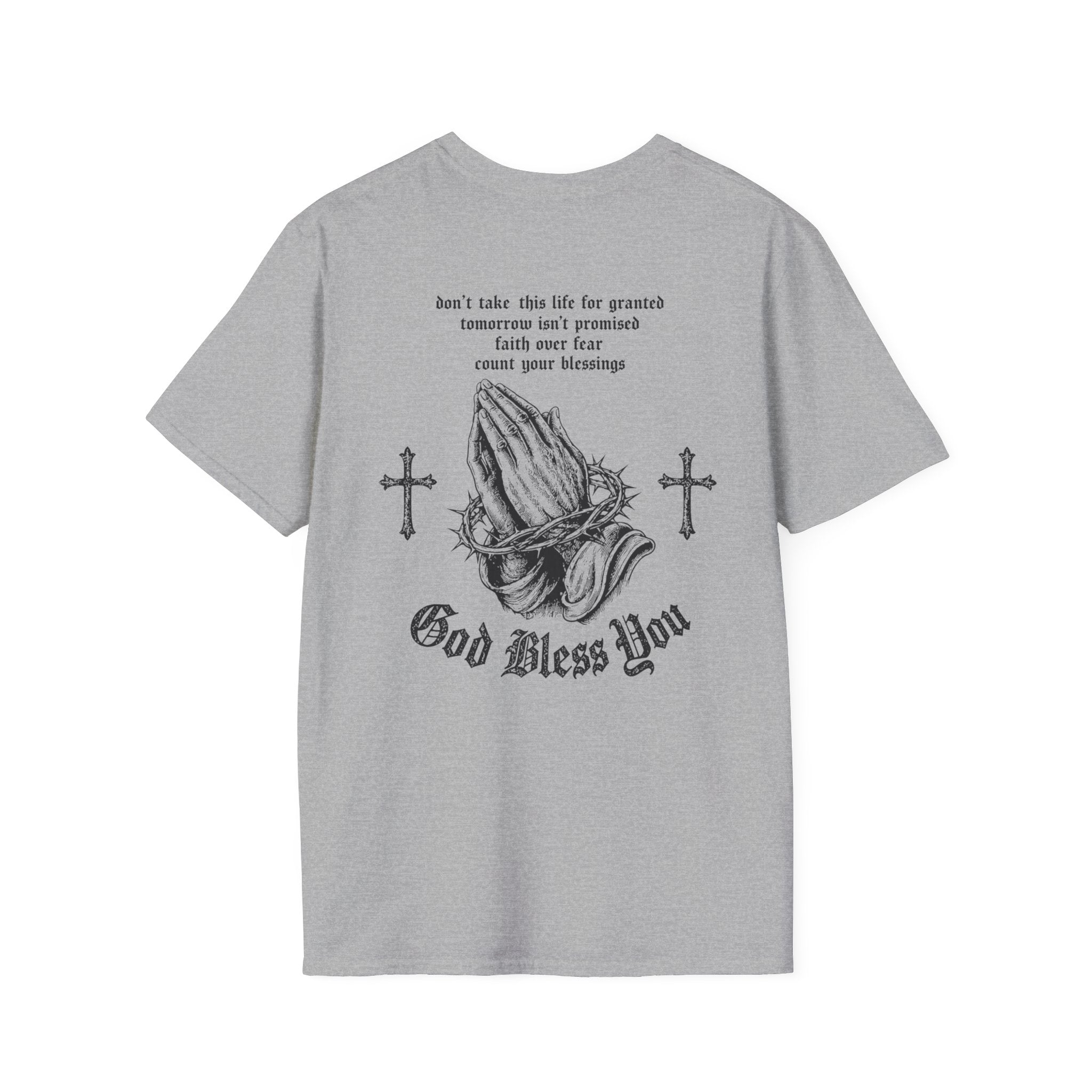 God Bless You Prayer T-Shirt — Religious Praying Hands Tee with Crosses