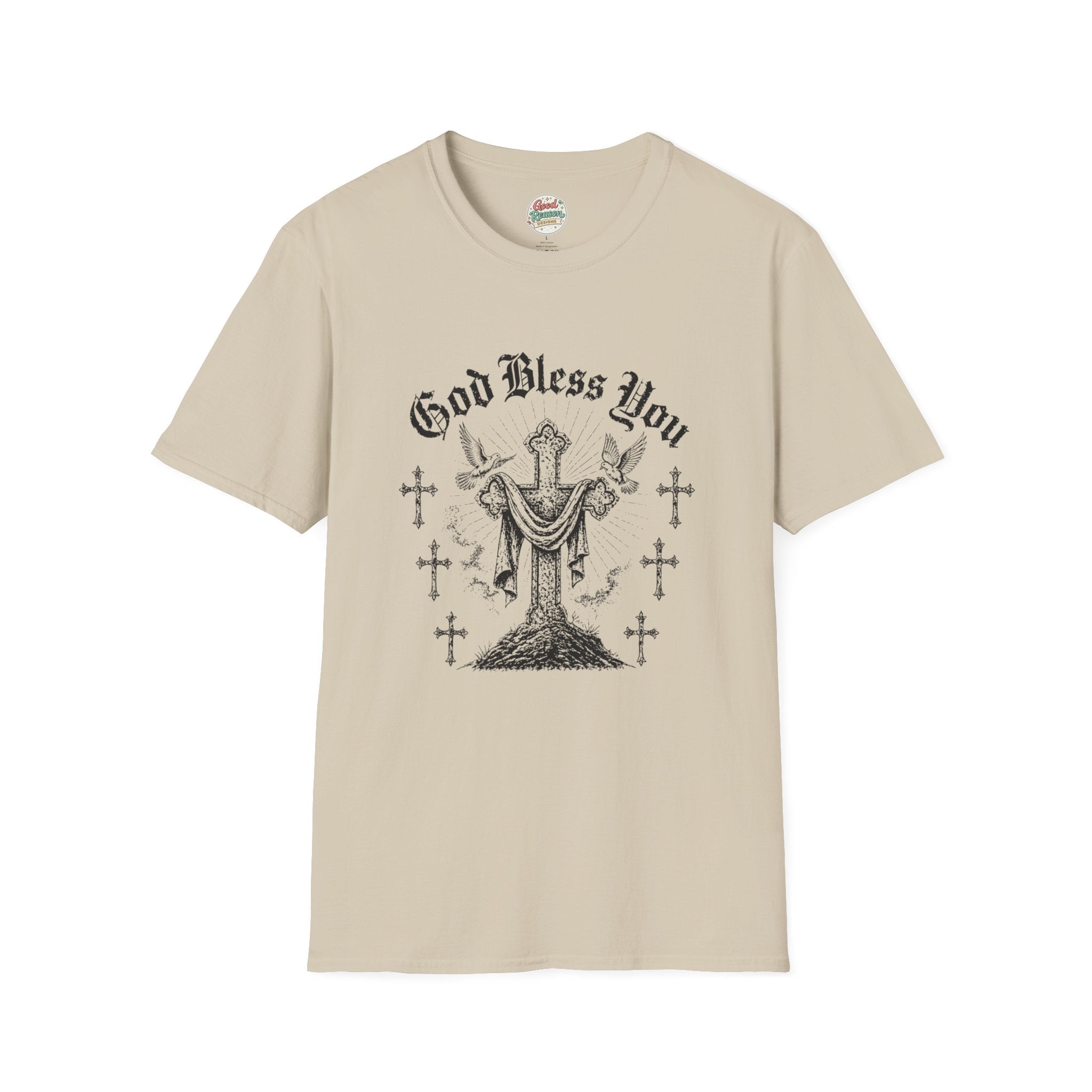 God Bless You Prayer T-Shirt — Religious Praying Hands Tee with Crosses