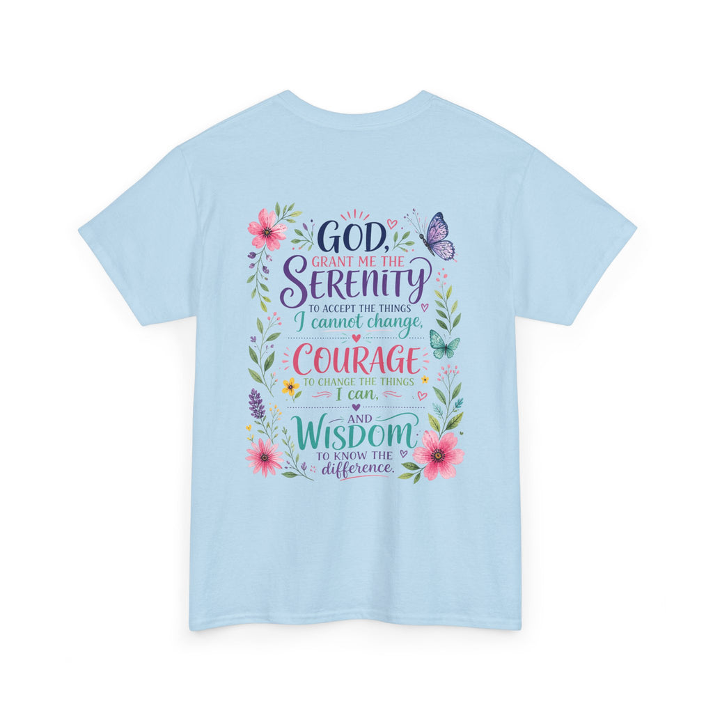 Serenity Prayer Floral Christian T-Shirt – Faith Based Back Print + Cross Chest Design