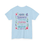 Serenity Prayer Floral Christian T-Shirt – Faith Based Back Print + Cross Chest Design