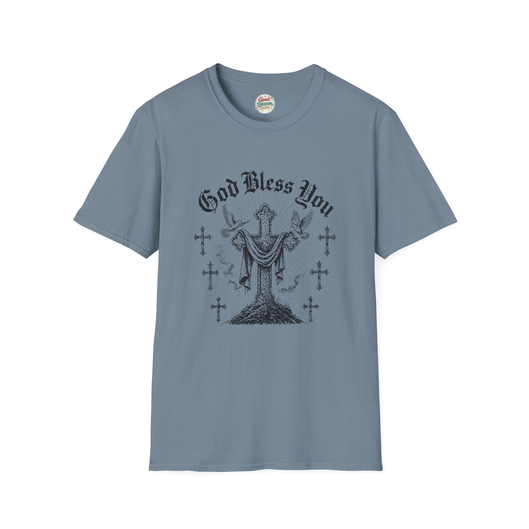 God Bless You Prayer T-Shirt — Religious Praying Hands Tee with Crosses