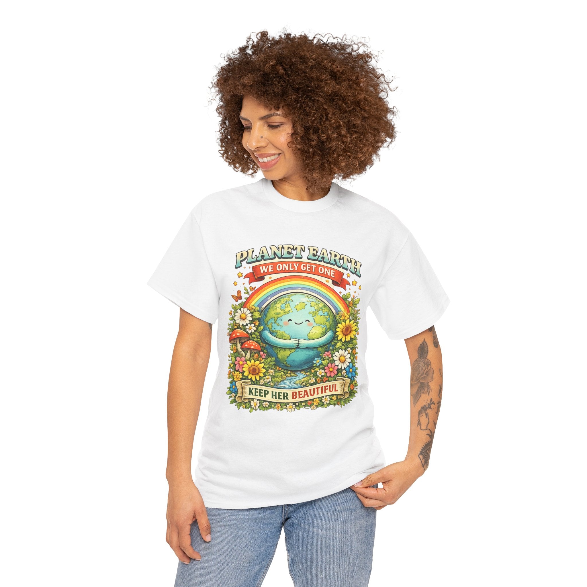 Earth Love T-Shirt - "Planet Earth We Only Get One" Retro Floral Eco Tee