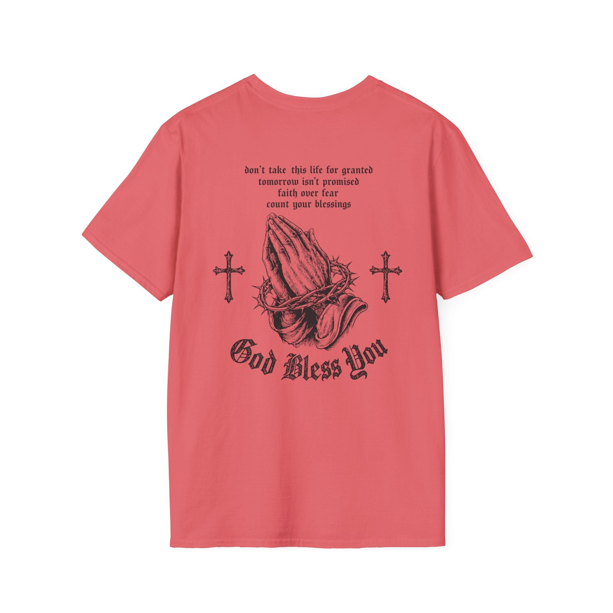 God Bless You Prayer T-Shirt — Religious Praying Hands Tee with Crosses